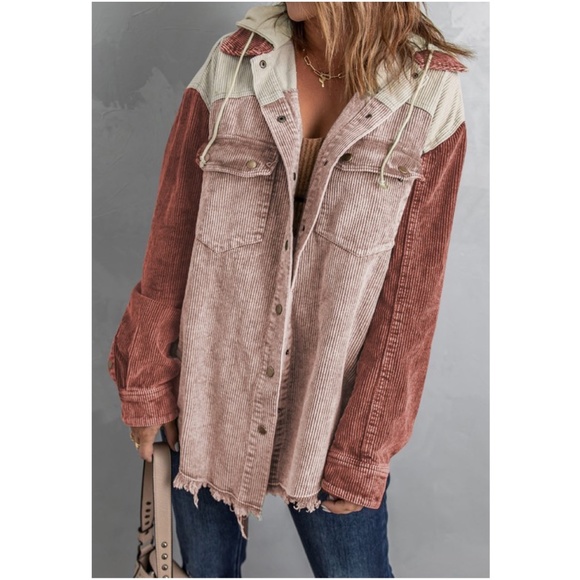 Cozy Color Block Oversized Corduroy Hoodie Jacket Shacket - Picture 7 of 9